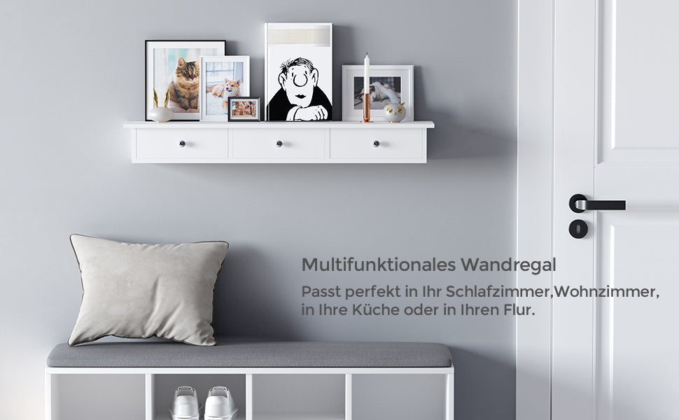 Wandregal, Schweberegal mit 3 Schubladen, Aufbewahrungsregal im Flur, 80 x 15 x 10 cm, Wohnzimmer, Schlafzimmer und Küche, Hochglanzlackierung, weiß