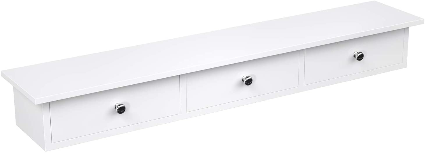 Wandregal, Schweberegal mit 3 Schubladen, Aufbewahrungsregal im Flur, 80 x 15 x 10 cm, Wohnzimmer, Schlafzimmer und Küche, Hochglanzlackierung, weiß