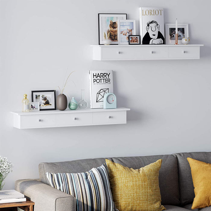 Wandregal, Schweberegal mit 3 Schubladen, Aufbewahrungsregal im Flur, 80 x 15 x 10 cm, Wohnzimmer, Schlafzimmer und Küche, Hochglanzlackierung, weiß