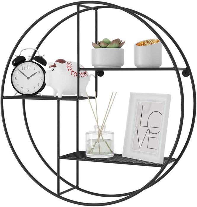 Wandregal aus Metall, rundes Schweberegal mit 3 Gitterablagen, mit 2 Schrauben, 55 x 12 cm (Ø x B), für Wohnzimmer und Flur, Industrie-Design, schwarz