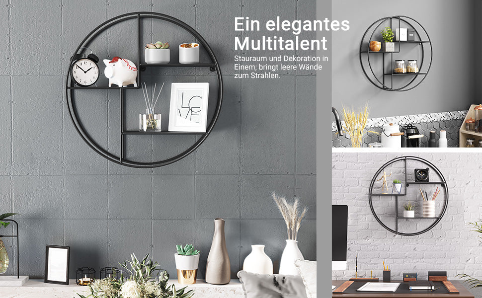 Wandregal aus Metall, rundes Schweberegal mit 3 Gitterablagen, mit 2 Schrauben, 55 x 12 cm (Ø x B), für Wohnzimmer und Flur, Industrie-Design, schwarz