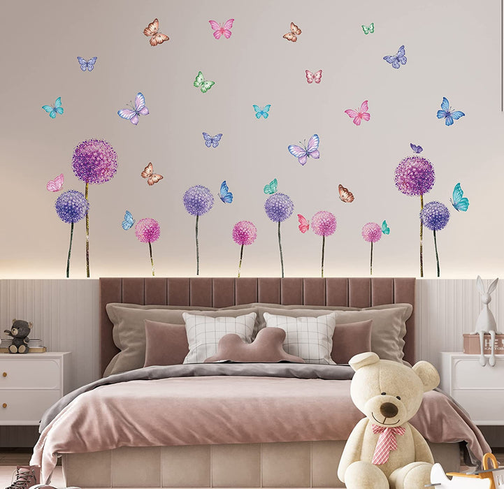 Wandtattoo Löwenzahn,Lila Wandsticker Kinderzimmer,Wandtattoo Pusteblume für Wohnzimmer,Bunt Schmetterling und Blumen Pflanzen Wandaufkleber 