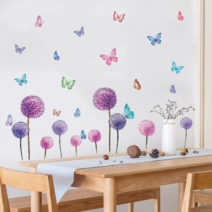 Wandtattoo Löwenzahn,Lila Wandsticker Kinderzimmer,Wandtattoo Pusteblume für Wohnzimmer,Bunt Schmetterling und Blumen Pflanzen Wandaufkleber 