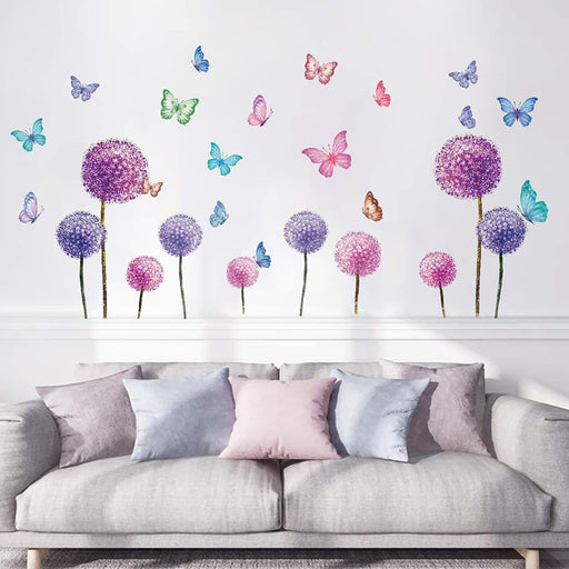 Wandtattoo Löwenzahn,Lila Wandsticker Kinderzimmer,Wandtattoo Pusteblume für Wohnzimmer,Bunt Schmetterling und Blumen Pflanzen Wandaufkleber 