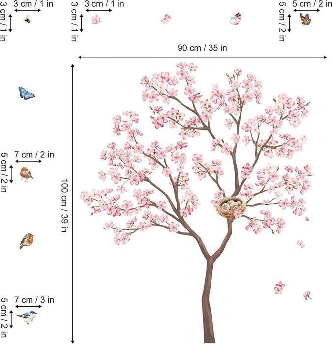 Wandtattoo Rosa Kirschblüte Wandsticker Vögeln auf Baum Wandaufkleber Blumen Rosa Wandsticker Wohnzimmer Schlafzimmer Büro Wanddeko(H 100cm)