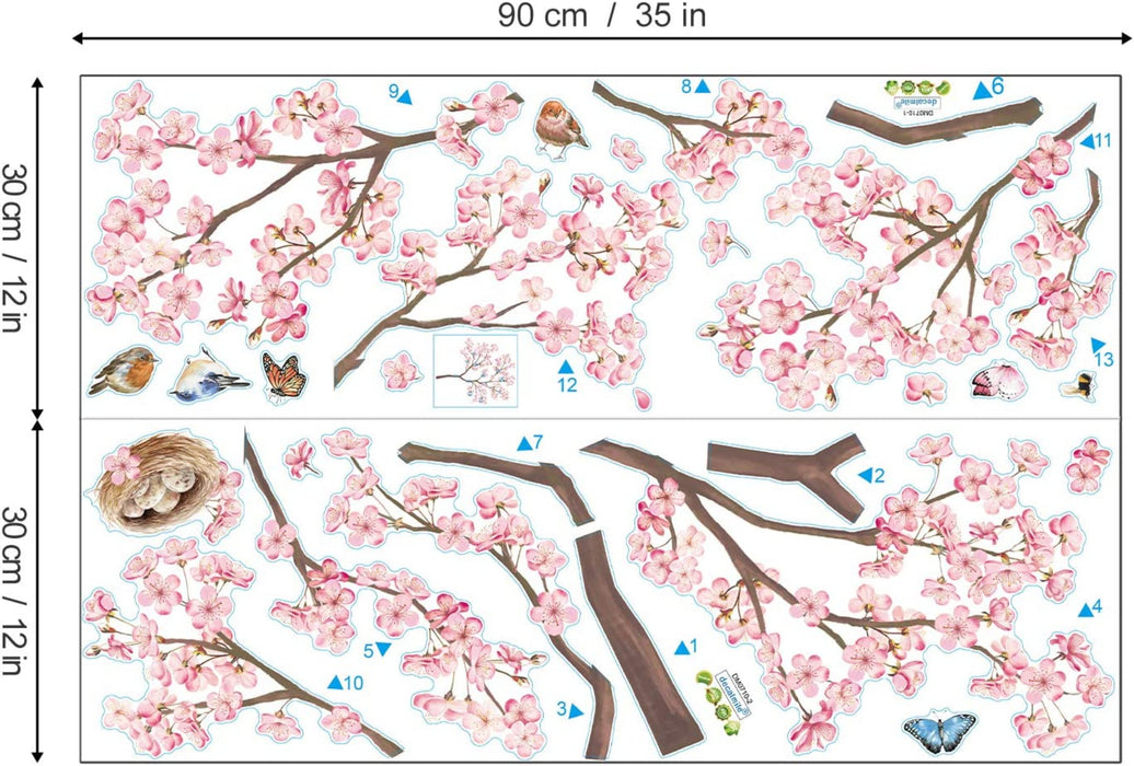Wandtattoo Rosa Kirschblüte Wandsticker Vögeln auf Baum Wandaufkleber Blumen Rosa Wandsticker Wohnzimmer Schlafzimmer Büro Wanddeko(H 100cm)