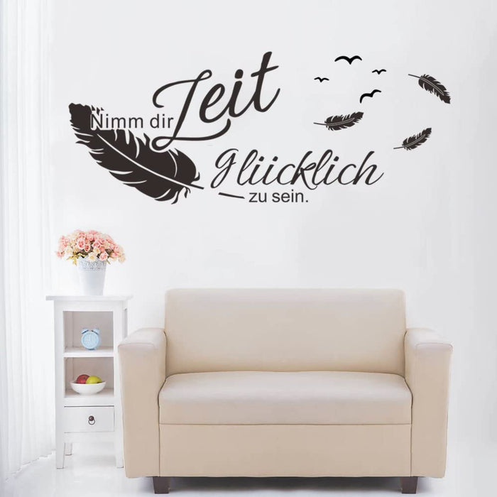 Wandtattoo Sprüche und Zitate Nimm Dir Zeit glücklich zu Sein Vögel Federn Wandsticker Schwarz Wandaufkleber Schlafzimmer Büro Wohnzimmer Wanddeko