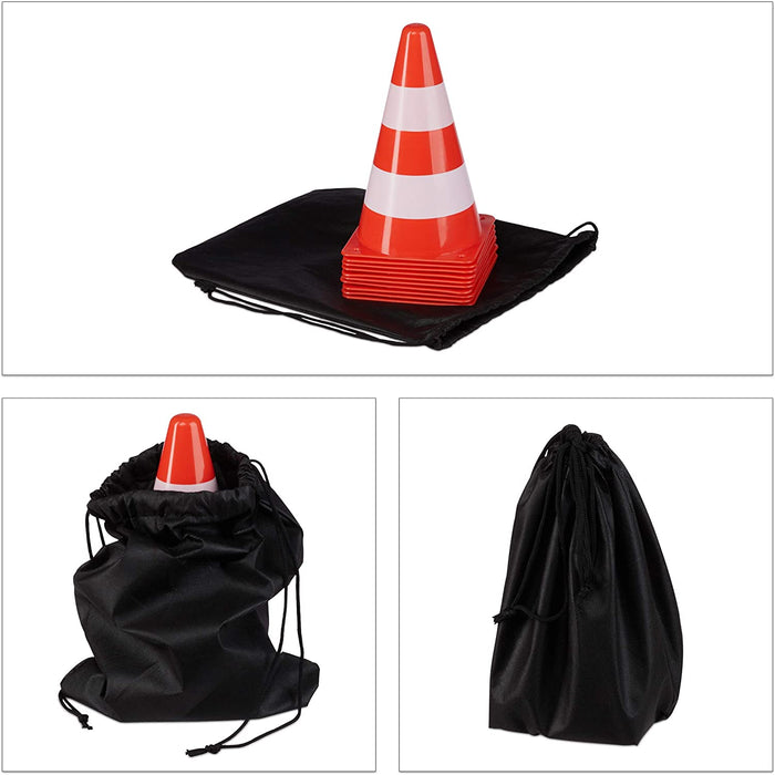 Warnkegel 10er Set, stapelbar, Verkehrshütchen, Schnürbeutel, Markierungshütchen, Pylonen, 22 cm, orange/weiß