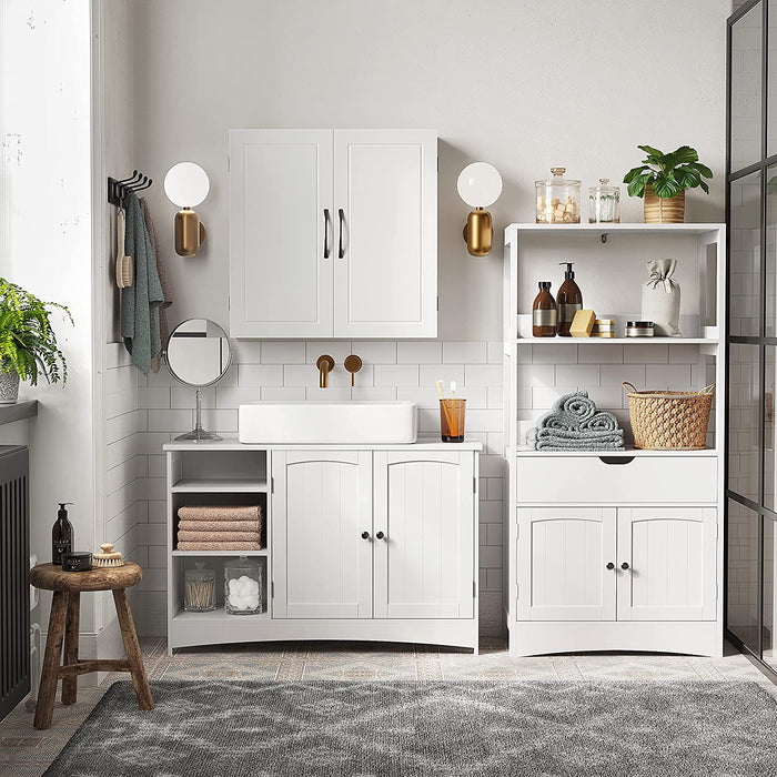 Waschbeckenunterschrank, Unterschrank, Badezimmerschrank, 90 x 30 x 60 cm, 2 Türen, offene Fächer, höhenverstellbare Ablagen, weiß