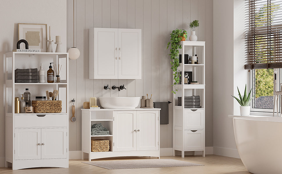 Waschbeckenunterschrank, Unterschrank, Badezimmerschrank, 90 x 30 x 60 cm, 2 Türen, offene Fächer, höhenverstellbare Ablagen, weiß