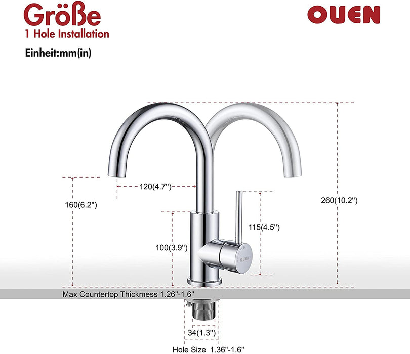 Wasserhahn Küche, OUEN Küche Armatur für Einzel Waschbecken, Chrom 360°Drehbare Mischbatterie für Küche oder Bar Wasserhähne, Einzelnes Loch