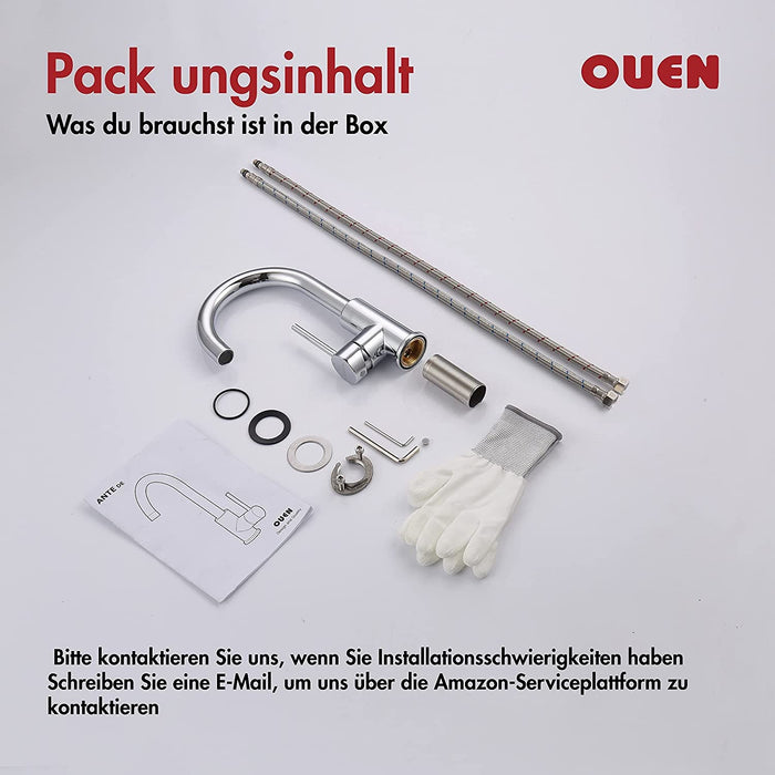 Wasserhahn Küche, OUEN Küche Armatur für Einzel Waschbecken, Chrom 360°Drehbare Mischbatterie für Küche oder Bar Wasserhähne, Einzelnes Loch