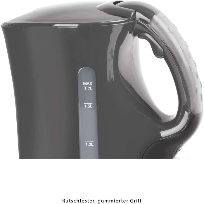 Wasserkocher, Füllmenge bis zu 1.7 Liter, Edelstahlheizelement, herausnehmbarer Kalkfilter, 2200 Watt, 2 außenliegende Wasserstandsanzeigen, Grau