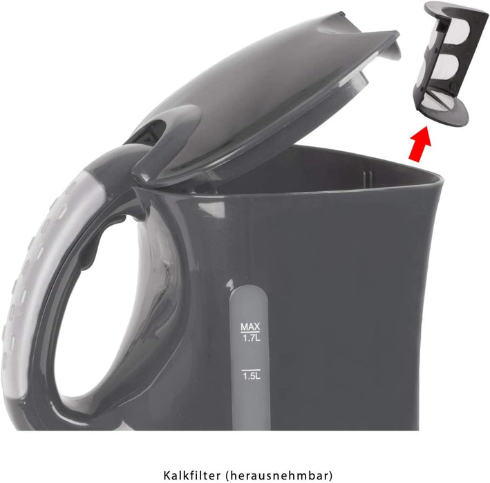 Wasserkocher, Füllmenge bis zu 1.7 Liter, Edelstahlheizelement, herausnehmbarer Kalkfilter, 2200 Watt, 2 außenliegende Wasserstandsanzeigen, Grau