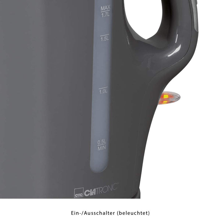 Wasserkocher, Füllmenge bis zu 1.7 Liter, Edelstahlheizelement, herausnehmbarer Kalkfilter, 2200 Watt, 2 außenliegende Wasserstandsanzeigen, Grau