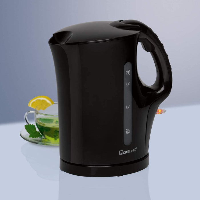 Wasserkocher, Füllmenge bis zu 1.7 Liter, Edelstahlheizelement, herausnehmbarer Kalkfilter, 2200 Watt, 2 außenliegende Wasserstandsanzeigen, Schwarz