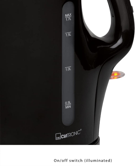 Wasserkocher, Füllmenge bis zu 1.7 Liter, Edelstahlheizelement, herausnehmbarer Kalkfilter, 2200 Watt, 2 außenliegende Wasserstandsanzeigen, Schwarz