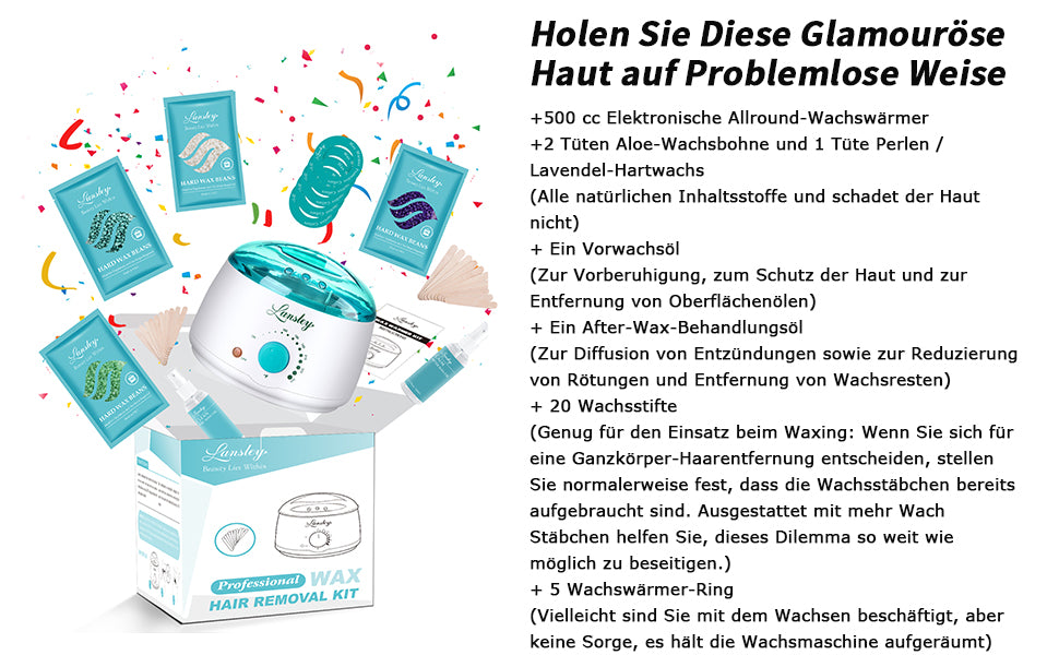 Waxing Set Professionelle, Wachswärmer Wachs Haarentfernung mit 400g Waxing Perlen, 20 Holzspateln und 2 Flasche Pflegespray, für Gesicht, Achseln...