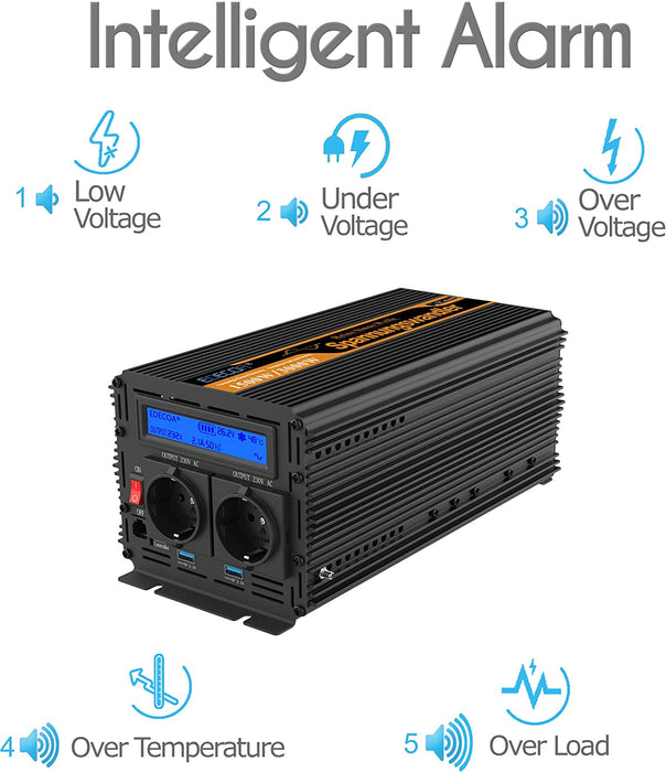Wechselrichter 2000w Spannungswandler 24v 230v Wechselrichter modifizierte Sinus 24v 220v LCD mit Fernbedienung und Zwei USB-Ports …