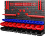 Werkstattregal Lagersystem - 1152 x 780 mm - Wandregal mit Stapelboxen Werkzeughalter - Schüttenregal Wandplatten Extra Starke (Blau/Rot/Schwarz)