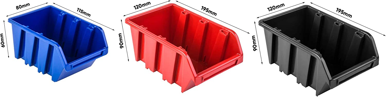 Werkstattregal Lagersystem - 1152 x 780 mm - Wandregal mit Stapelboxen Werkzeughalter - Schüttenregal Wandplatten Extra Starke (Blau/Rot/Schwarz)