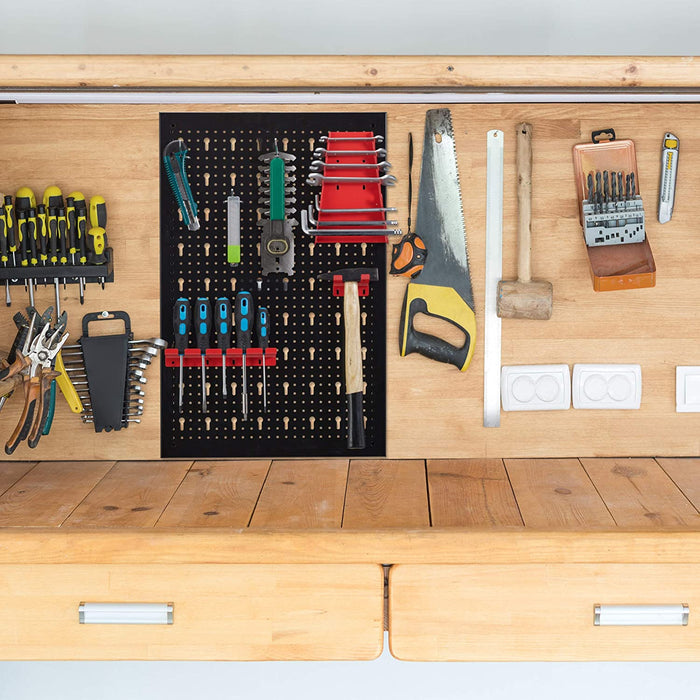 Werkzeugwand 3-teilig, inkl. 17-teiligem Werkzeughalter Set, Lochwand HxB je 60 x 39 cm, Metall, schwarz-rot