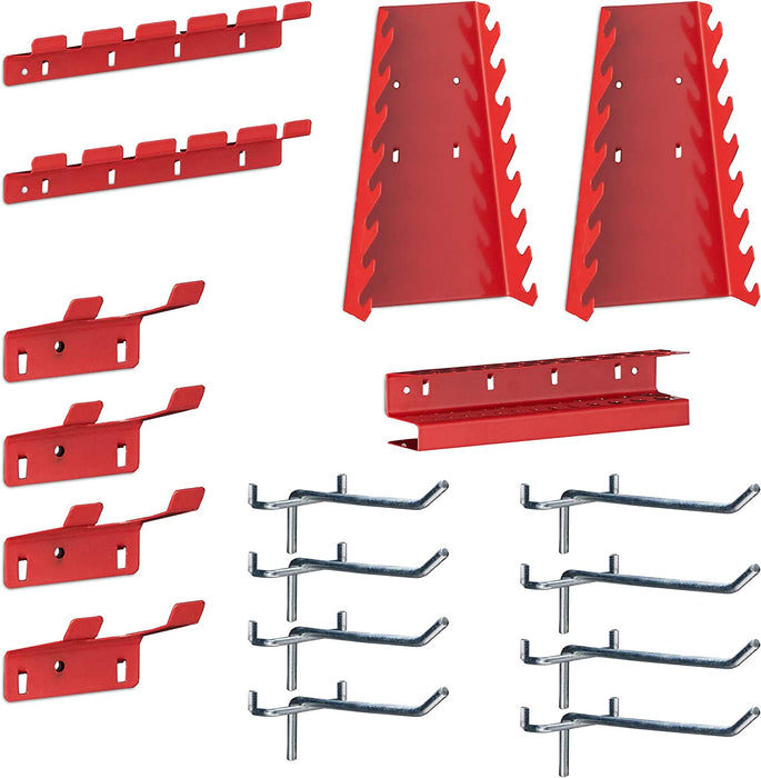 Werkzeugwand 3-teilig, inkl. 17-teiligem Werkzeughalter Set, Lochwand HxB je 60 x 39 cm, Metall, schwarz-rot