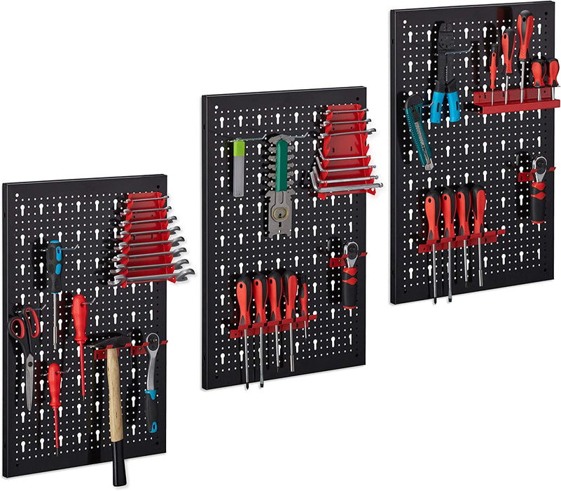 Werkzeugwand 3-teilig, inkl. 17-teiligem Werkzeughalter Set, Lochwand HxB je 60 x 39 cm, Metall, schwarz-rot