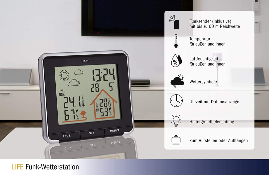 Wetterstation mit Funk, inkl Aussensensor, Hintergrundbeleuchtung, Aussen-und Innentemperatur, schwarz
