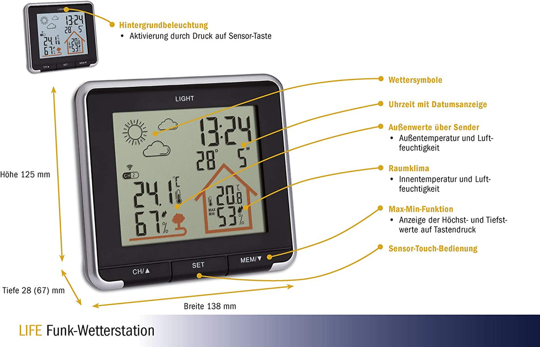 Wetterstation mit Funk, inkl Aussensensor, Hintergrundbeleuchtung, Aussen-und Innentemperatur, schwarz
