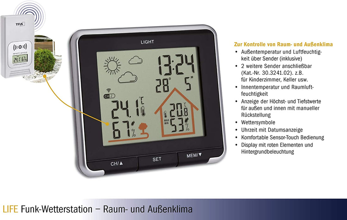 Wetterstation mit Funk, inkl Aussensensor, Hintergrundbeleuchtung, Aussen-und Innentemperatur, schwarz