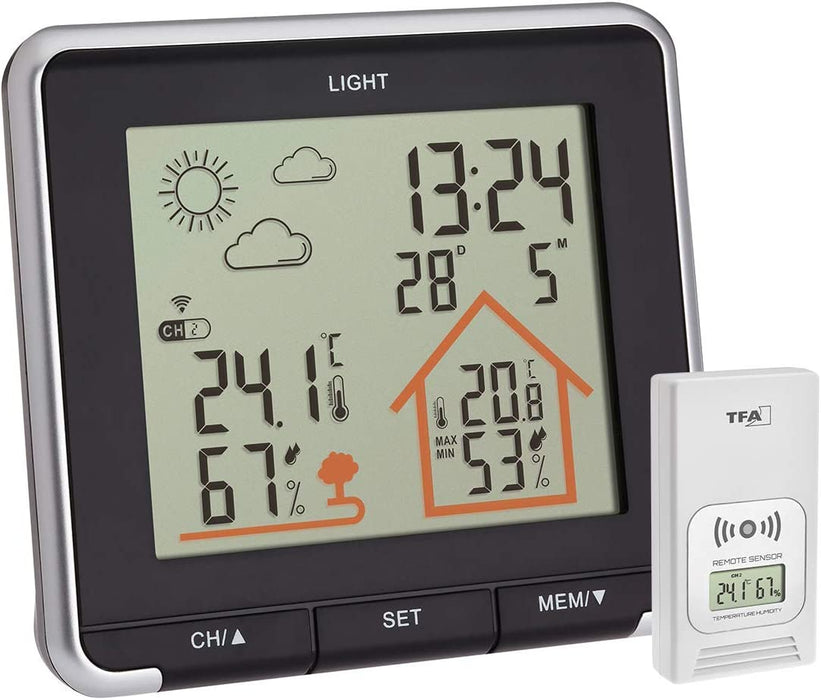 Wetterstation mit Funk, inkl Aussensensor, Hintergrundbeleuchtung, Aussen-und Innentemperatur, schwarz