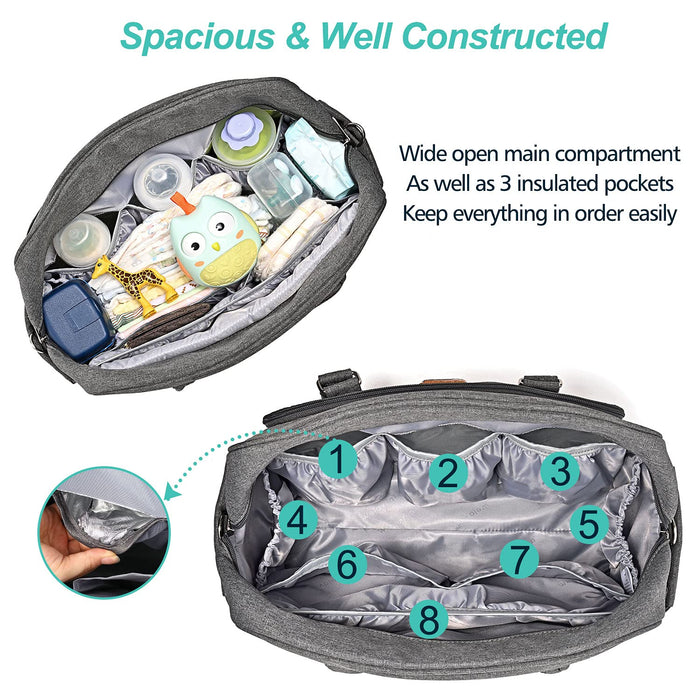 Wickeltasche, Wickeltaschen für Mama und Papa, mit Wickelauflage und isolierten Taschen, umwandelbare Reisetasche Messenger, Dunkelgrau