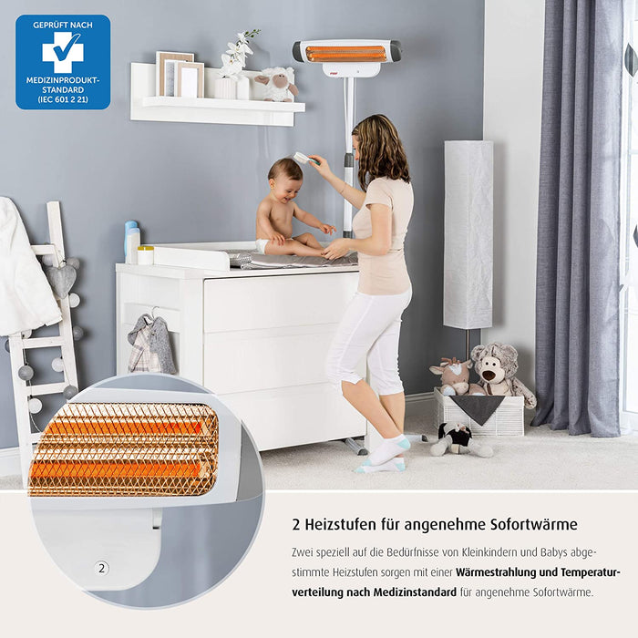 Wickeltischstrahler FeelWell 2in1, Standheizstrahler und Wandmontage, 2 Heizstufen, Timer, Kippsicherung, geprüft nach Medizinstandard, 1 Stück