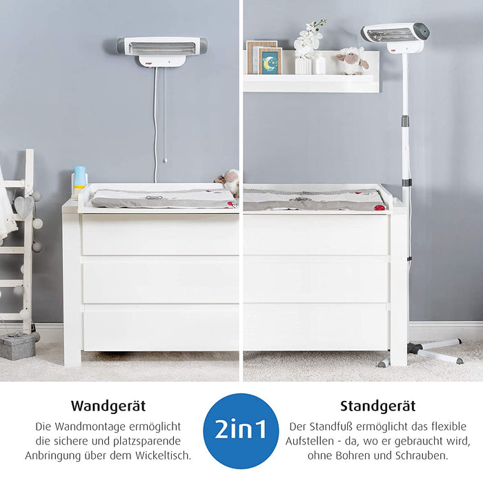 Wickeltischstrahler FeelWell 2in1, Standheizstrahler und Wandmontage, 2 Heizstufen, Timer, Kippsicherung, geprüft nach Medizinstandard, 1 Stück
