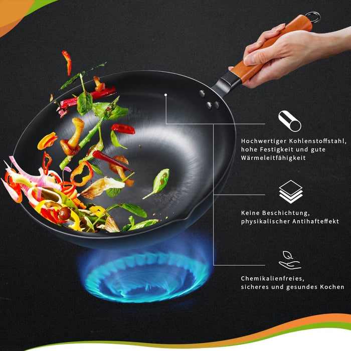 Wok Pfanne 32 cm | Wokpfanne Induktion | für alle Herdarten | unbeschichtet | kratzfestem Karbonstahl mit abnehmbarem Holzgriff | Schwarz