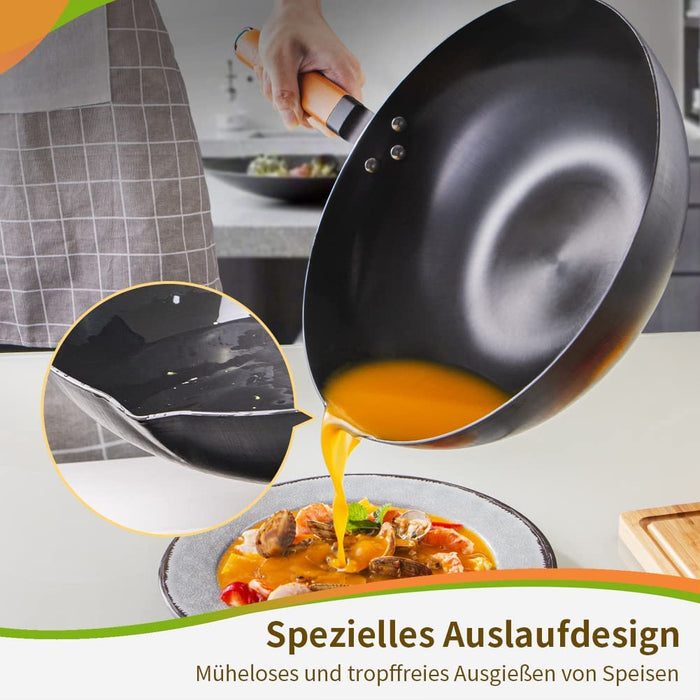 Wok Pfanne 32 cm | Wokpfanne Induktion | für alle Herdarten | unbeschichtet | kratzfestem Karbonstahl mit abnehmbarem Holzgriff | Schwarz