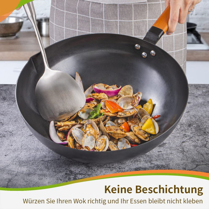 Wok Pfanne 32 cm | Wokpfanne Induktion | für alle Herdarten | unbeschichtet | kratzfestem Karbonstahl mit abnehmbarem Holzgriff | Schwarz
