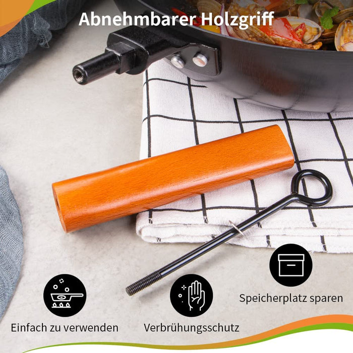 Wok Pfanne 32 cm | Wokpfanne Induktion | für alle Herdarten | unbeschichtet | kratzfestem Karbonstahl mit abnehmbarem Holzgriff | Schwarz
