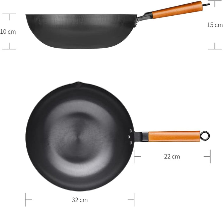 Wok Pfanne 32 cm | Wokpfanne Induktion | für alle Herdarten | unbeschichtet | kratzfestem Karbonstahl mit abnehmbarem Holzgriff | Schwarz