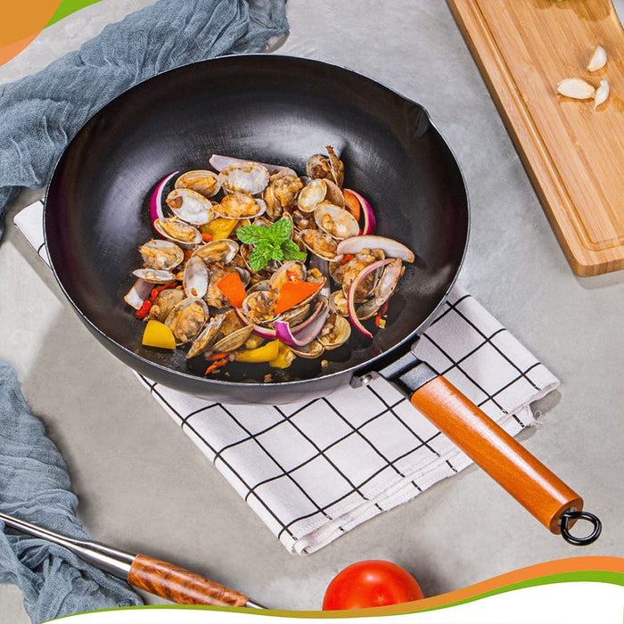 Wok Pfanne 32 cm | Wokpfanne Induktion | für alle Herdarten | unbeschichtet | kratzfestem Karbonstahl mit abnehmbarem Holzgriff | Schwarz