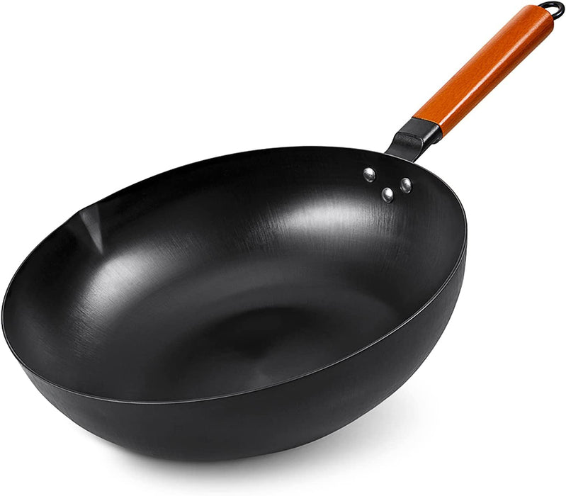 Wok Pfanne 32 cm | Wokpfanne Induktion | für alle Herdarten | unbeschichtet | kratzfestem Karbonstahl mit abnehmbarem Holzgriff | Schwarz