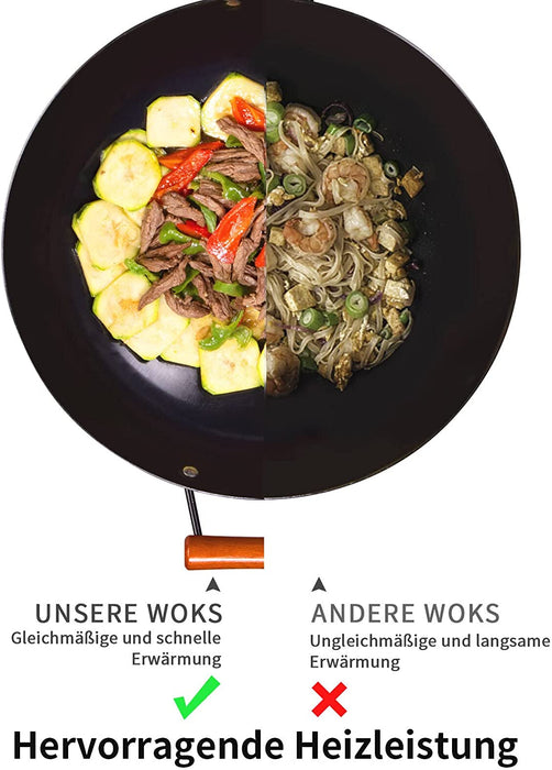Wokpfanne mit Glasdeckel | Wok Induktion 32 cm | unbeschichtet | Abnehmbarer Holzgriff | Schwarz