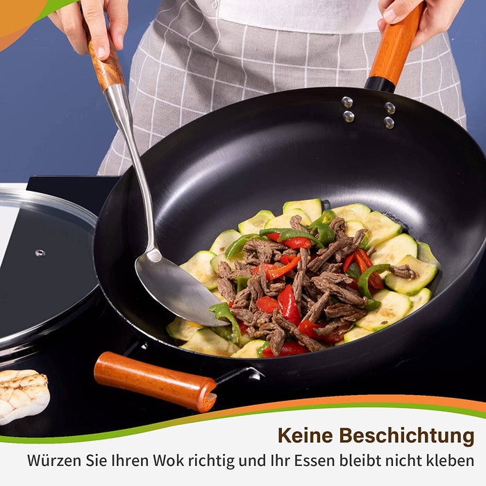 Wokpfanne mit Glasdeckel | Wok Induktion 32 cm | unbeschichtet | Abnehmbarer Holzgriff | Schwarz