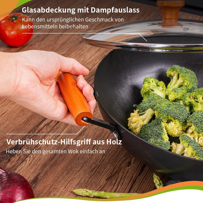 Wokpfanne mit Glasdeckel | Wok Induktion 32 cm | unbeschichtet | Abnehmbarer Holzgriff | Schwarz