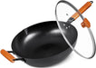 Wokpfanne mit Glasdeckel | Wok Induktion 32 cm | unbeschichtet | Abnehmbarer Holzgriff | Schwarz