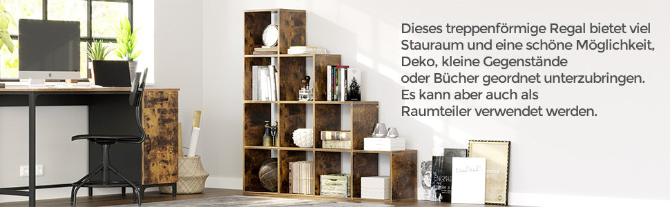 Bücherregal mit 10 Würfeln, Würfelregal, Büroregal, Standregal, Leiterregal, Treppenregal, als Raumteiler, freistehend, für Büro, Wohnzimmer