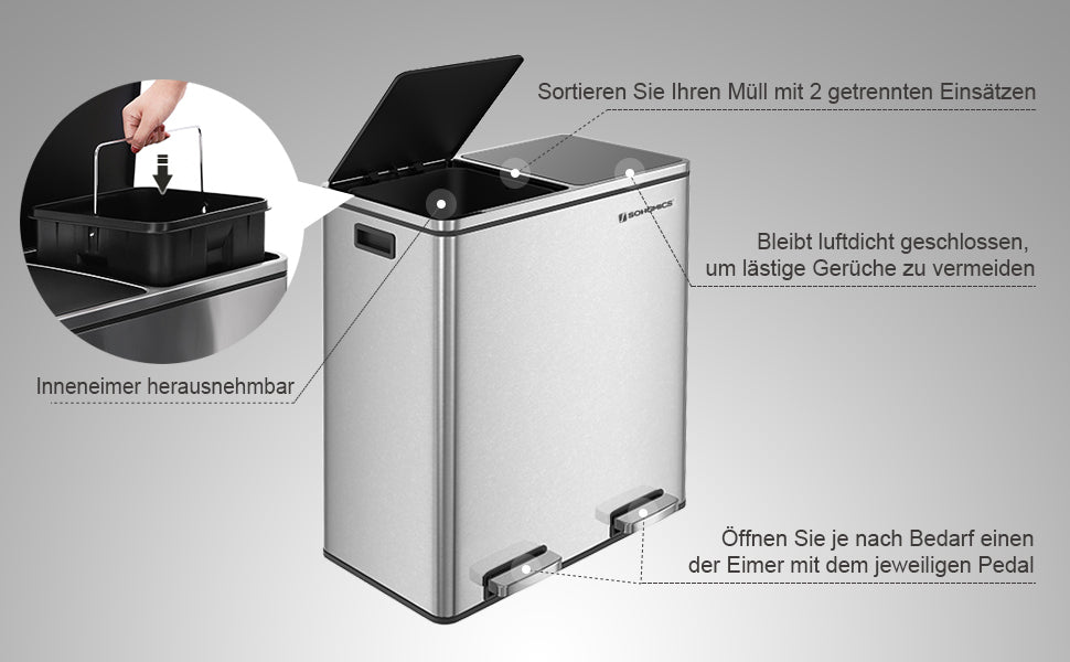 Mülleimer, 2 x 30 L, 2 Fächer, Mülltrennsystem, Treteimer, Abfalleimer Küche, 15 Müllsäcke, aus Metall, Inneneimer aus Kunststoff, Klappdeckel