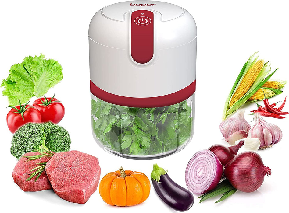 Zerkleinerer mit USB-Anschluss, Mini-Küchenmaschine, Kapazität 250 ml, Leistung 3,7 V, 3 Klingen aus Edelstahl, wiederaufladbarer Akku, Rot Weiß