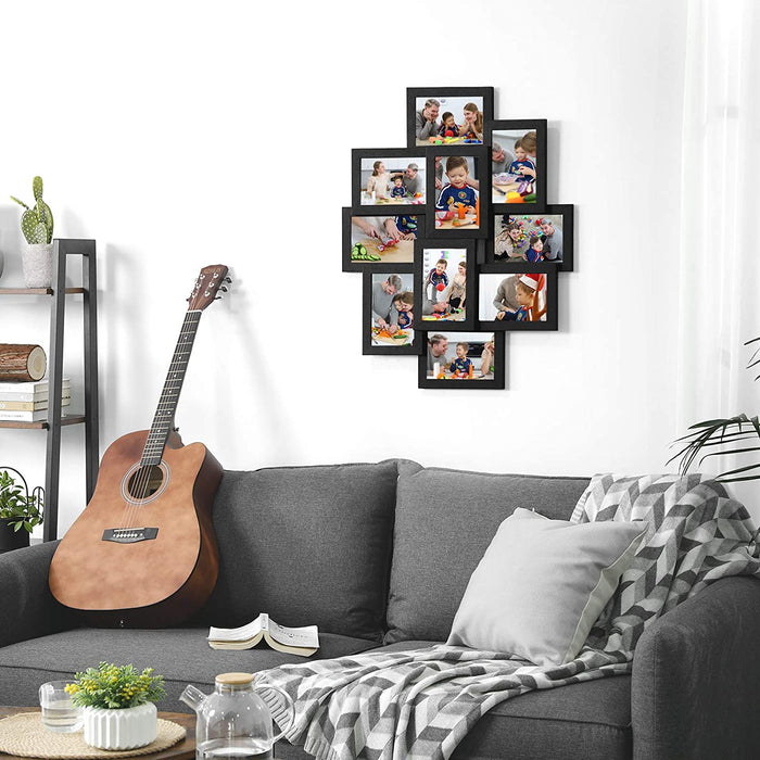 Bilderrahmen-Collage, für 10 Fotos je 10 x 15 cm (4 x 6 Zoll), aus MDF-Platten, Montage erforderlich, schwarz